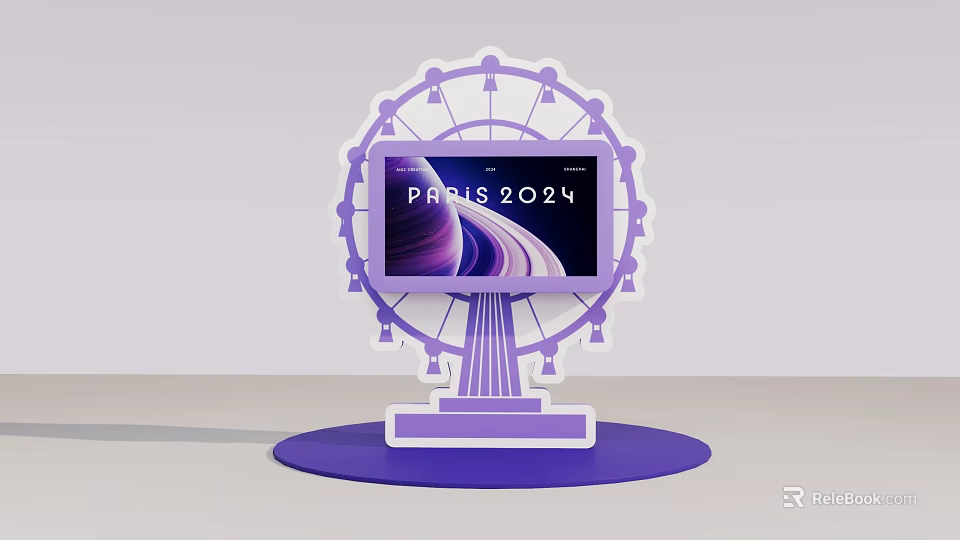 Paris 2024 Themed Ferris Wheel Shaped Purple Display With Screen And Base 3d model 