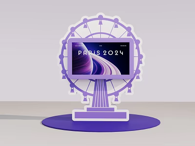 Paris 2024 Themed Ferris Wheel Shaped Purple Display With Screen And Base 3d model