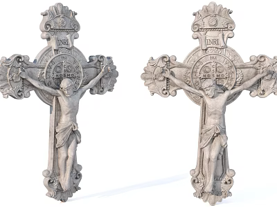 Intricate Stone Crucifix Sculptures With Jesus Christ Religious Carving Details 3d model