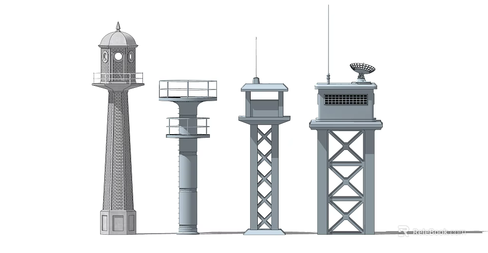 Various Tower Designs Featuring Watchtower Signal Tower and Lighthouse Structures with Railings and Antennas 3d model 