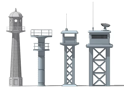 Various Tower Designs Featuring Watchtower Signal Tower and Lighthouse Structures with Railings and Antennas 3d model