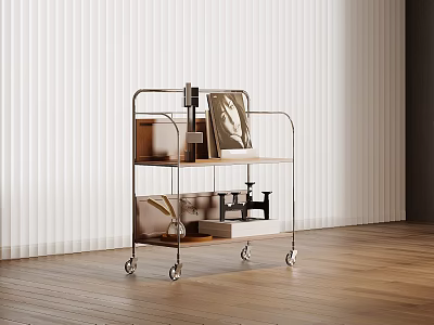 Modern Rolling Side Cart With Metal Frame Wooden Shelves And Wheels In Interior 3d model