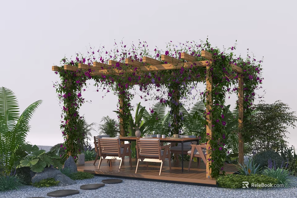 Wooden Pergola Covered With Purple Vines And Flowers Featuring Table Chairs And Green Plants 3d model 