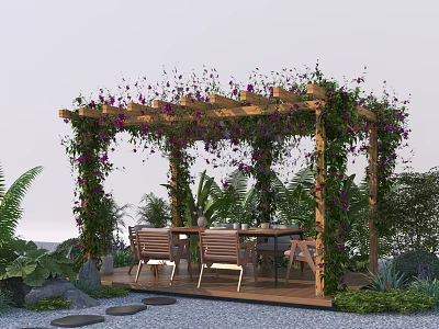 Wooden Pergola Covered With Purple Vines And Flowers Featuring Table Chairs And Green Plants 3d model