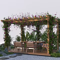 Wooden Pergola Covered With Purple Vines And Flowers Featuring Table Chairs And Green Plants