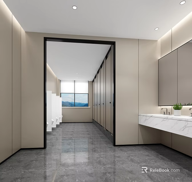 Modern Public Restroom Interior With Beige Walls Marble Countertops Mirrors Windows And Stalls 3d model