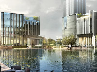 Modern High Rise Industrial Factory Architecture With Glass Curtain Walls And Water Feature 3d model