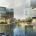 Modern High Rise Industrial Factory Architecture With Glass Curtain Walls And Water Feature
