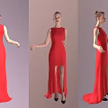 Woman in Red Long Slit Dress Updo Hairstyle and Black High Heels from Different Angles