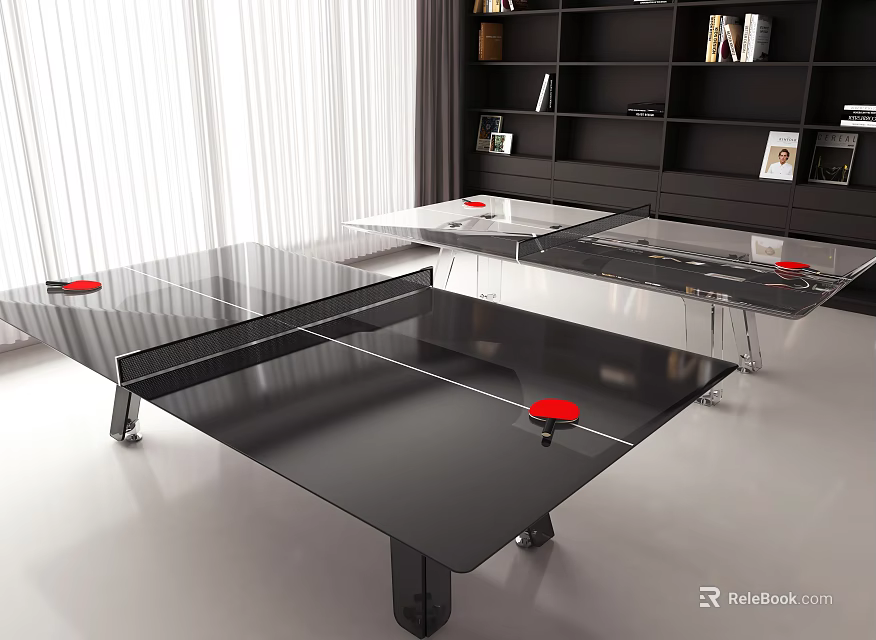 Modern Black Ping Pong Entertainment Table With White Lines Red Paddles And Balls 3d model 