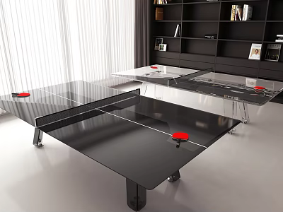 Modern Black Ping Pong Entertainment Table With White Lines Red Paddles And Balls 3d model