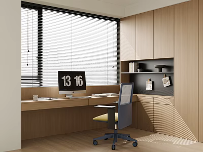 Minimalist Modern Desk With Wooden Cabinets Large Window Blinds Clock Showing 1316 And Wheeled Chair 3d model
