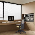 Minimalist Modern Desk With Wooden Cabinets Large Window Blinds Clock Showing 1316 And Wheeled Chair