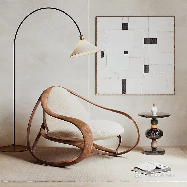 Modern Leisure Chair with Wooden Frame Upholstered Seat Floor Lamp Abstract Wall Art Side Table 3d model 