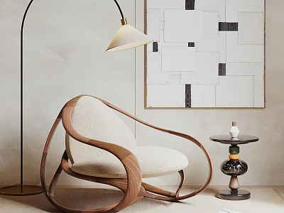 Modern Leisure Chair with Wooden Frame Upholstered Seat Floor Lamp Abstract Wall Art Side Table 3d model