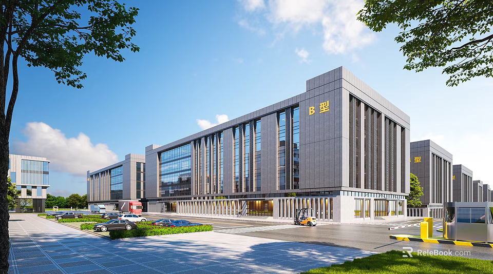 Modern Industrial Factory Building Exterior With Glass Windows Parking Lot And Greenery 3d model 