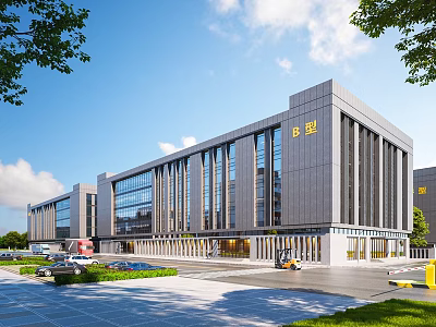 Modern Industrial Factory Building Exterior With Glass Windows Parking Lot And Greenery 3d model