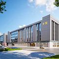 Modern Industrial Factory Building Exterior With Glass Windows Parking Lot And Greenery