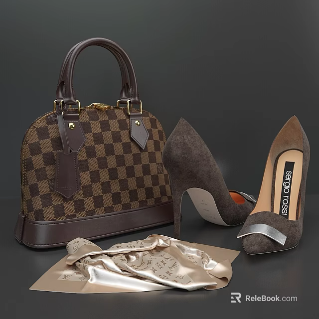 Brown Suede High Heels With Checkerboard Pattern Handbag And Silk Scarf 3d model 