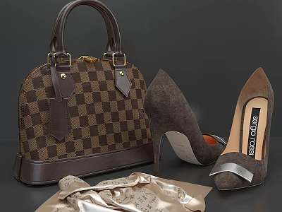 Brown Suede High Heels With Checkerboard Pattern Handbag And Silk Scarf 3d model
