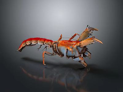 Red Orange Lobster As Aquatic Animal With Open Claws On Reflective Gray Surface 3d model