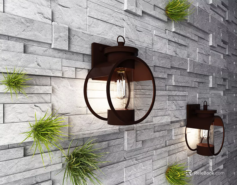 Vintage Style Wall Lamps On Gray Stone Wall With Metal Frame And Green Plants 3d model 