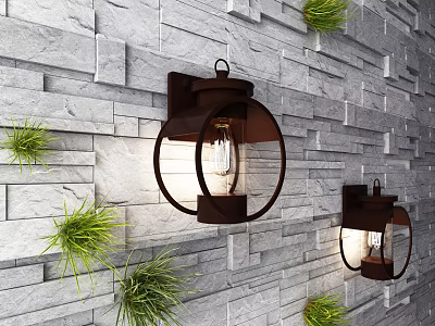 Vintage Style Wall Lamps On Gray Stone Wall With Metal Frame And Green Plants 3d model