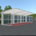 Modern Outdoor Canopy With Glass Walls And White Roof In Park Area With Trees