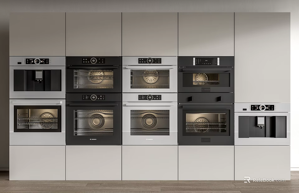 Built In Kitchen Appliances With Multiple Ovens And Microwaves In White Cabinets 3d model 