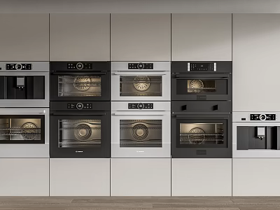 Built In Kitchen Appliances With Multiple Ovens And Microwaves In White Cabinets 3d model