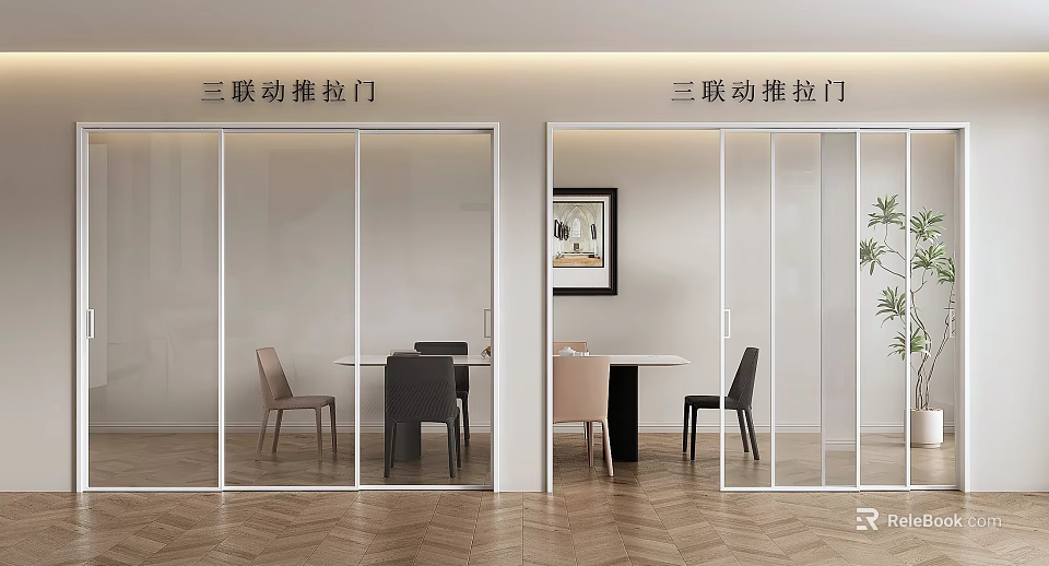 Modern Interior With Triple Sliding Glass Doors For Dining Area And Room Division 3d model 