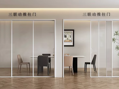 Modern Interior With Triple Sliding Glass Doors For Dining Area And Room Division 3d model