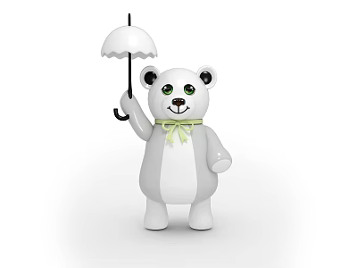 Adorable White Panda Plush Toy Holding White Umbrella With Green Bow Tie Around Neck 3d model