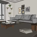 Modern Living Room Interior With Leather Sofa Coffee Table Plants And Decorative Paintings