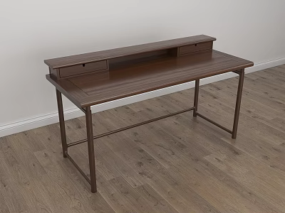 Modern Brown Wooden Desk with Upper Shelf Two Drawers and Metal Legs on Wooden Floor 3d model