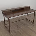 Modern Brown Wooden Desk with Upper Shelf Two Drawers and Metal Legs on Wooden Floor
