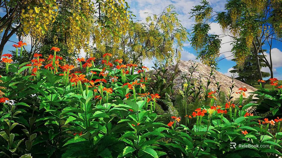 Vibrant Orange Flowering Bushes With Lush Green Leaves And Natural Garden Rocks 3d model 