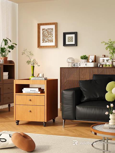 Modern Wooden Entryway Cabinet and Side Cabinet with Decorative Plants and Storage Design 3d model 
