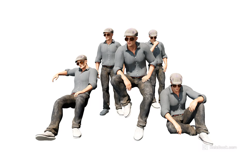 Group of Men Wearing Gray Shirts Dark Pants and Caps In Different Standing Sitting Poses 3d model 