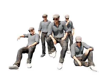 Group of Men Wearing Gray Shirts Dark Pants and Caps In Different Standing Sitting Poses 3d model