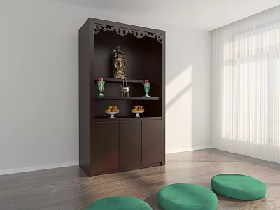 Dark Brown Carved Buddhist Shrine Cabinet With Buddha Statue And Green Cushions In Bright Room 3d model