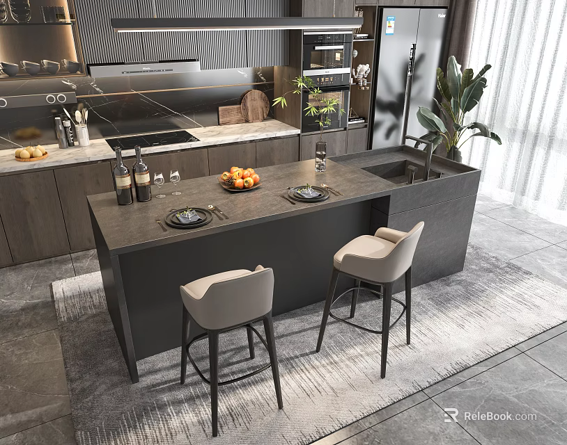 Modern Kitchen Interior Design With Island Counter Bar Stools And Dark Cabinets 3d model 