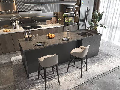 Modern Kitchen Interior Design With Island Counter Bar Stools And Dark Cabinets 3d model