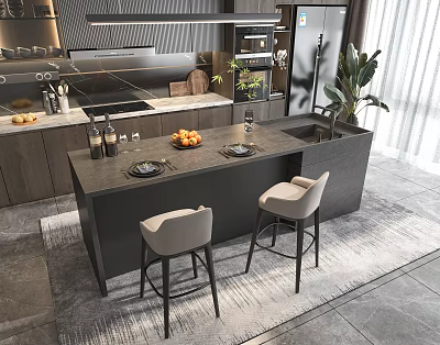 Modern Kitchen Interior Design With Island Counter Bar Stools And Dark Cabinets 3d model