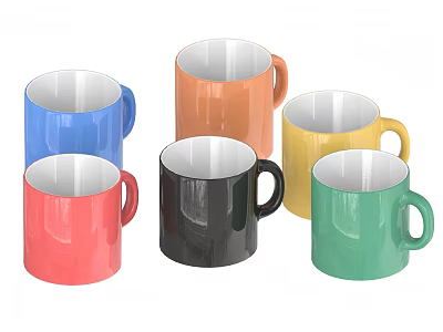 Colorful Ceramic Coffee Mugs With Handles In Assorted Bright Colors 3d model