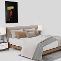 Modern Double Bed With Headboard Cushions Nightstands Blue Table Lamps And Red Wall Painting