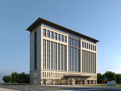 Contemporary Office Building With Traditional Roof Design And Glass Facade Surrounded By Trees 3d model