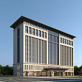Contemporary Office Building With Traditional Roof Design And Glass Facade Surrounded By Trees