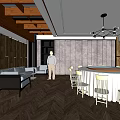 Modern Restaurant Interior With Striped Ceiling Wooden Elements Sofa Seating And Bar Counter