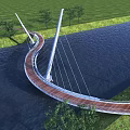 Modern Curved Bridge With Wooden Deck And Metal Structure Spanning River Amidst Greenery And Trees